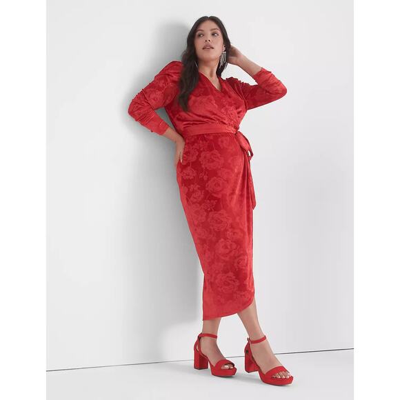 Lane Bryant Puff Sleeve Embossed Velvet Midi Dress Red Wrap Christmas Holiday - Picture 1 of 9